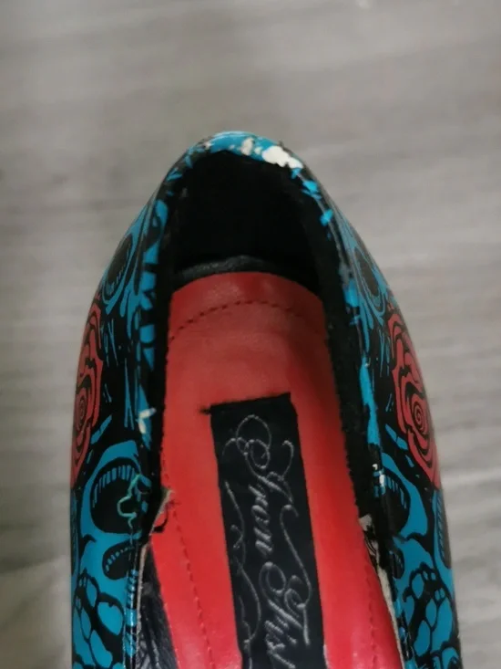 Iron Fist Vintage Y2K Muerte Punk Skull Rose Print High Heel Pumps. Size 10. - Picture 9 of 14